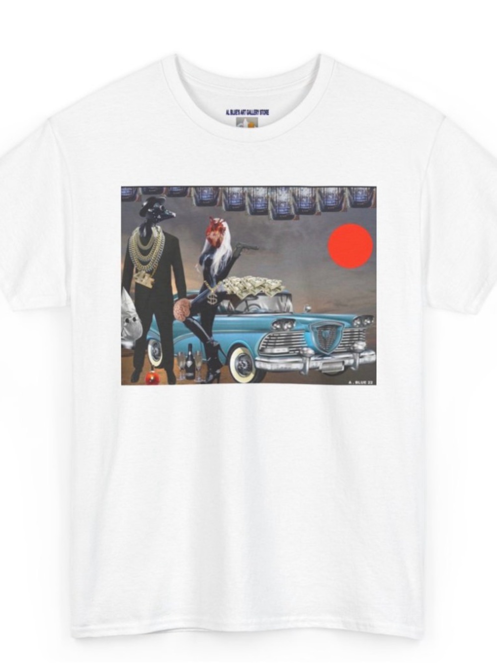 Artist Al Blue designed,White Graphic Tee with Vintage Car Collage